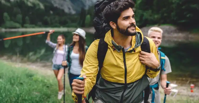 Group of friends on a hiking and camping trip in the mountains