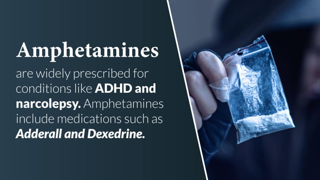 Man in black hoodie holding a dime bag of a white powder substance. Text explains common medical uses for amphetamines.
