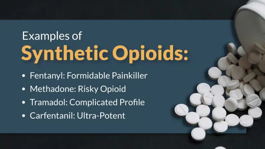 White text on blue background lists examples of synthetic opioids. Image of white pills spilling over the blue background.