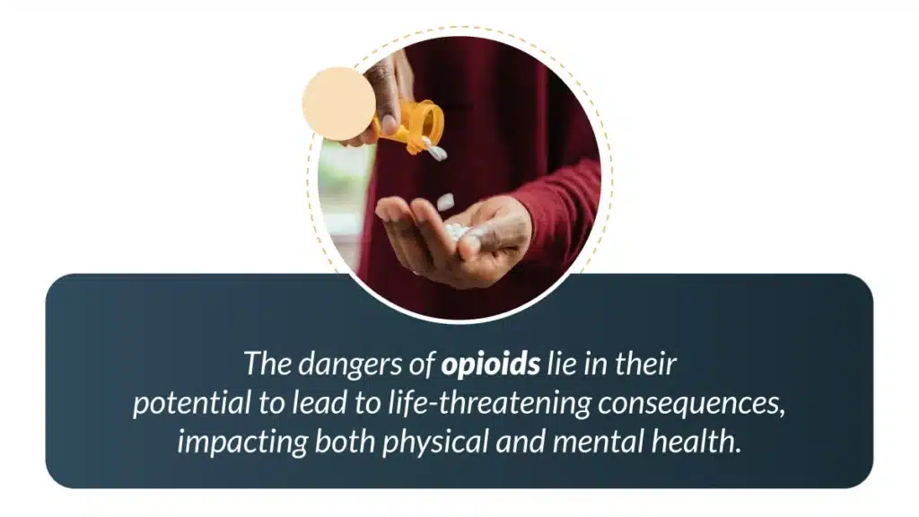 Pouring pills from one hand to the other. The dangers of opioids lie in their potential to lead to life-threatening consequences.