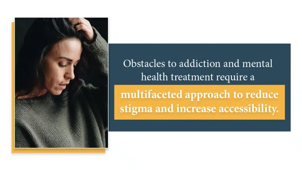 Woman in a dark gray sweater looking down with her hand on her head. Stigma serves as an obstacle for mental health and addiction treatment.