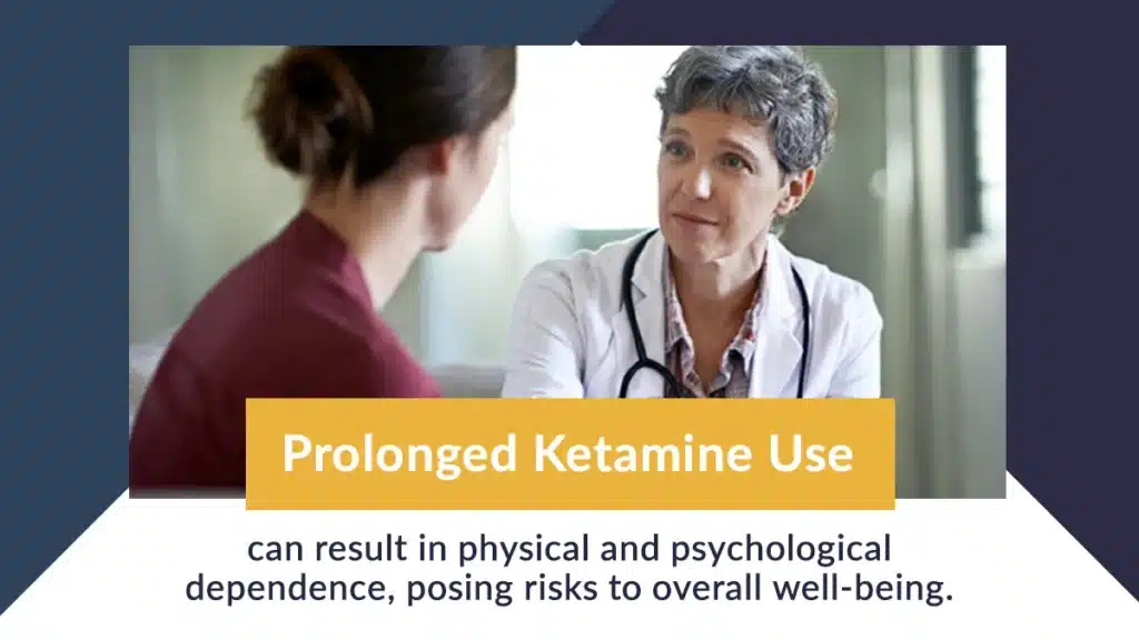 Female doctor with short hair speaking to female patient. Text: Prolonged ketamine use can result in physical and psychological dependence.
