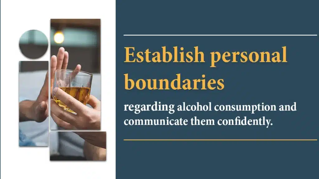 Hand pushing a glass of alcohol away. Establish personal boundaries regarding alcohol consumption and communicate them confidently.

